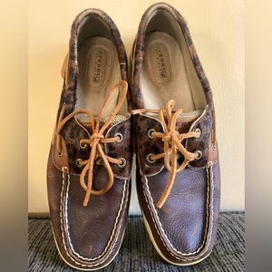 Sperry brown leather Top-Sider loafers with faux cheetah fur detail size 9.5